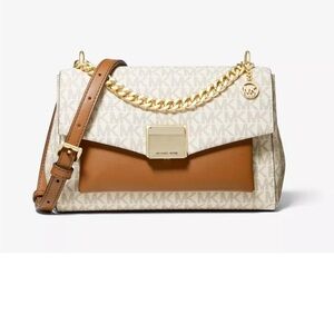 Michael Kors Brown and Cream Crossbody Bag with Gold Chain
